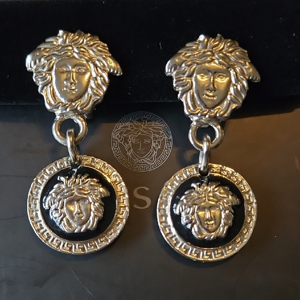 Versace Silver Black White Medusa Drop Clip Earrings Reversible